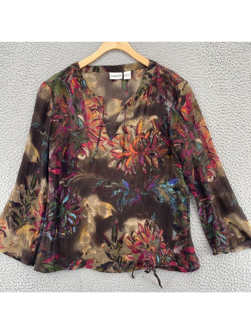 Chicos Top Womens 1 US Medium Brown Floral Silk Gauze Long Sleeves Blouse Tunic